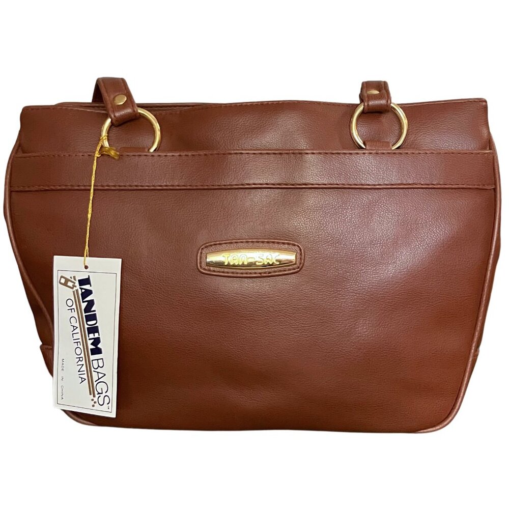 Deadstock Vintage 90s Brown Leather Shoulder Bag Classic Tote Preppy Large Work - Picture 5 of 11